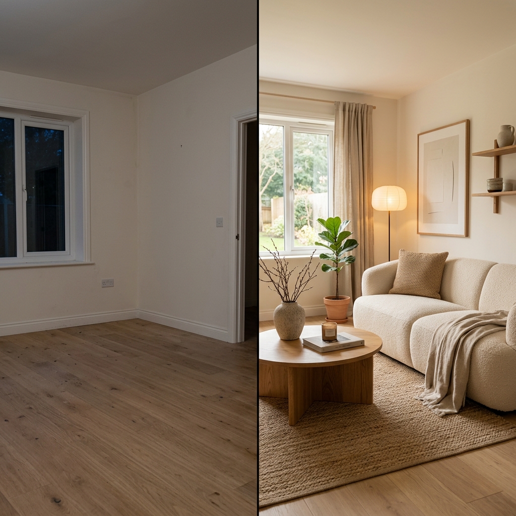Stylized cozy living room showcasing raw timber, textured bouclé upholstery and quiet warm afternoon shadows