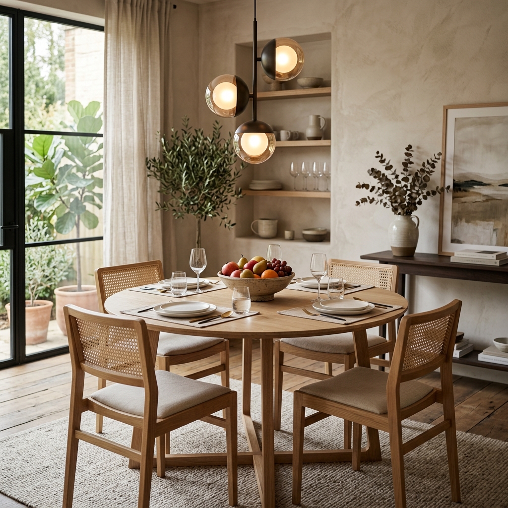 Light-filled Japandi dining space with a natural timber dining setup and architectural linen curtains